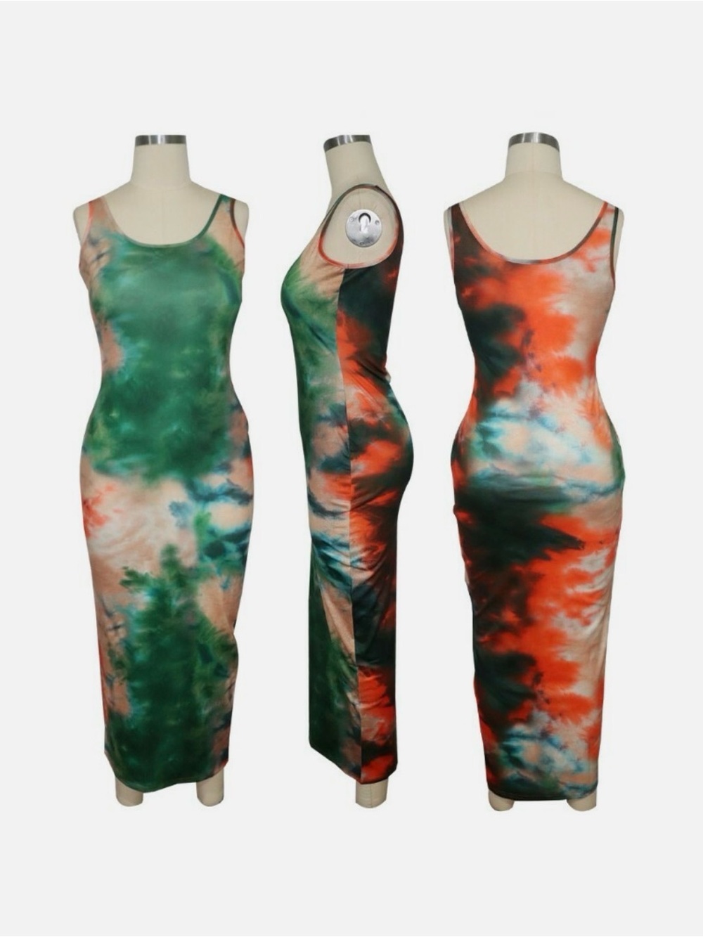 Tie-Dye Maxi Slip Dress in Coral, Green & Cream